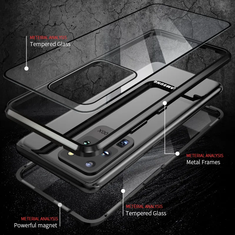 For Samsung Galaxy S20 FE S21 Ultra 360 Front+Back double-sided Tempered Glass Case for A52 A72 A12 Magnetic Metal Cover A51 A71