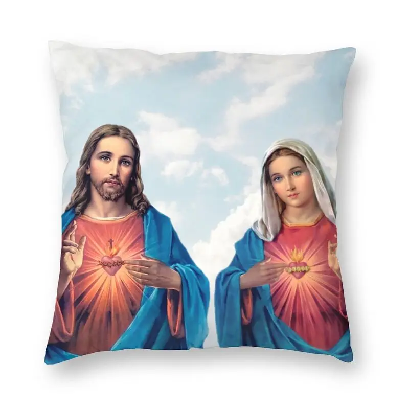 

Mary Mother Of Jesus Christian Cushion Cover Sacred And Immaculate Hearts With Sky Background Throw Pillow Case Home Decoration