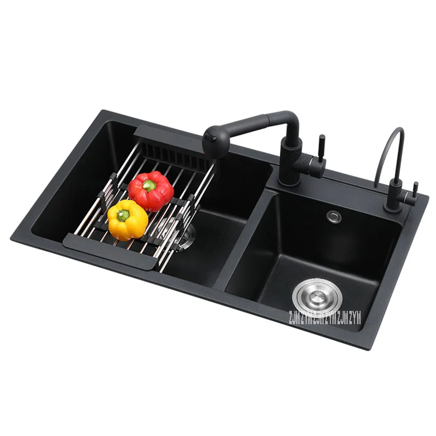 

Dual Slot Matte Finish Round Corner Vegetable Washing Basin Multifunctional Household Thickening Kitchen Quartz Sink With Faucet