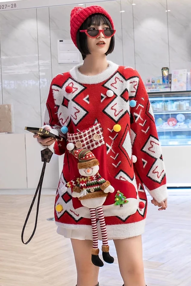 

Women's Christmas Sweater Europe 2020 Fall/Winter Loose Padded Sweater Women's Christmas Heavy Industry Patch Crew Neck