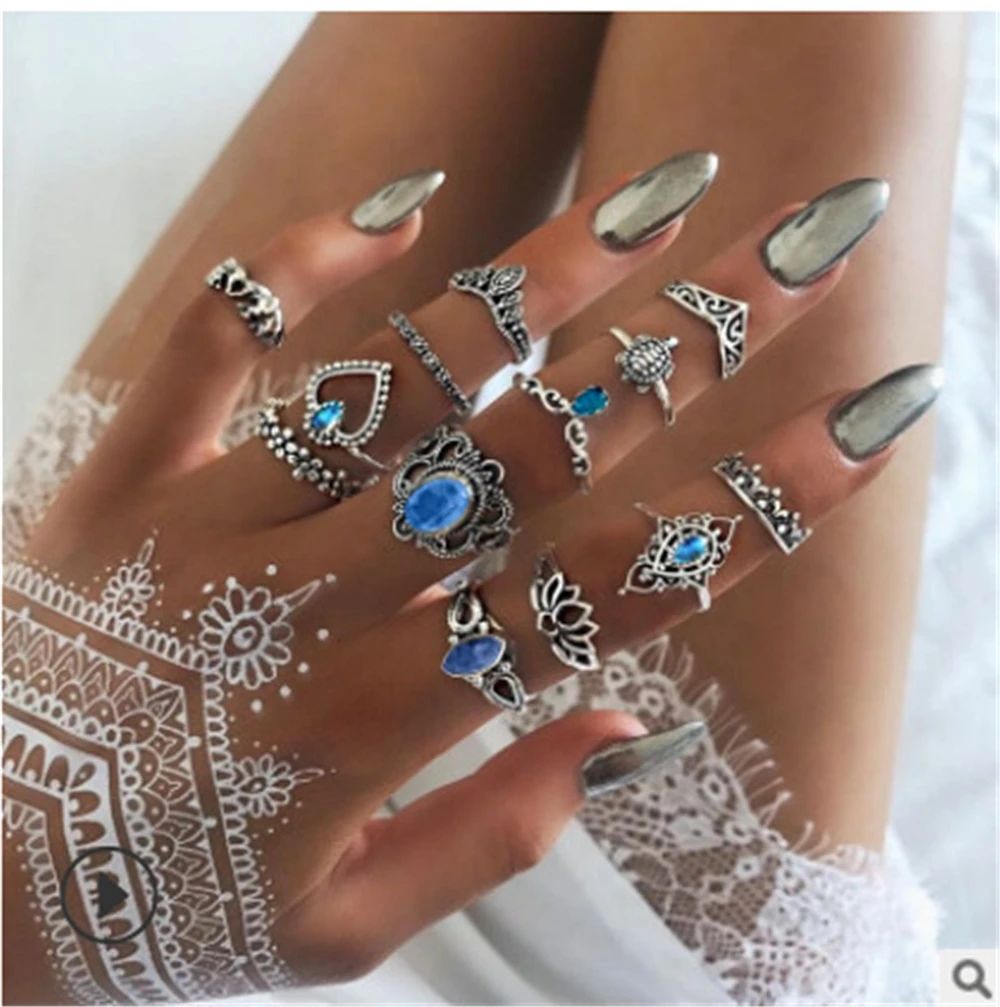 

LIMARIO 13pcs/Set Bohemia Antique Silver Color Crown Hollow lotus Carved Rings Sets Knuckle Rings for Women Jewelry