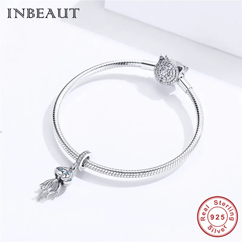 INBEAUT настоящая 925 пробы Серебряная Медуза Подходит для Пандора браслет Осьминог амулеты синий CZ Каракатица бусины для DIY ювелирных изделий