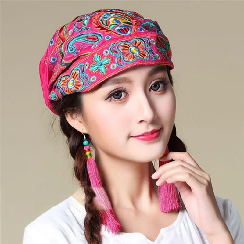 

Women Mexican Style Ethnic Vintage Embroidery Flowers Bandanas Red Print Hat Winter Hats For Women