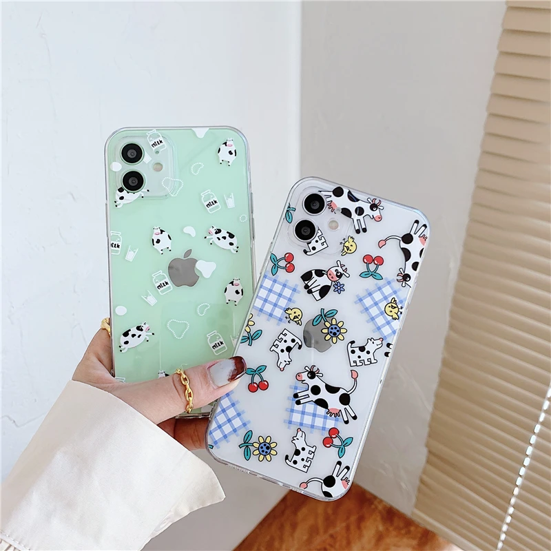 

Cute Cartoon Milk Cow Phone Cases on For iPhone 12 Mini 11 Pro XS MAX XR X 8 7 Plus SE 2020 Clear Soft TPU Back Cover Funda