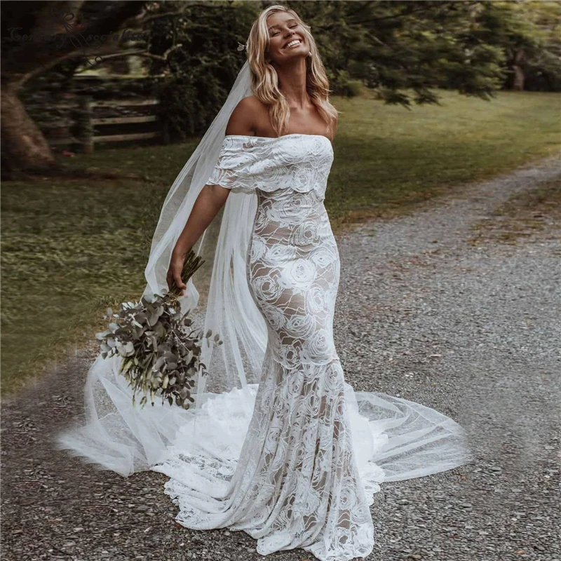 

Lace Boho Wedding Dresses Mermaid Bridal Dress Off Shoulder Bohemian Bridal Gowns Bride Dress Beach Vestido De Noiva