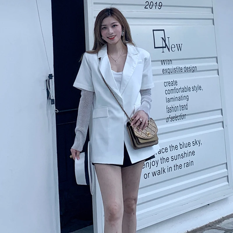 

GALCAUR Hit Color Coat For Female Lapel Collar Long Sleeve Patcwork Diamond Women's Causl Coats Fashion Tide 2021 New Clothes