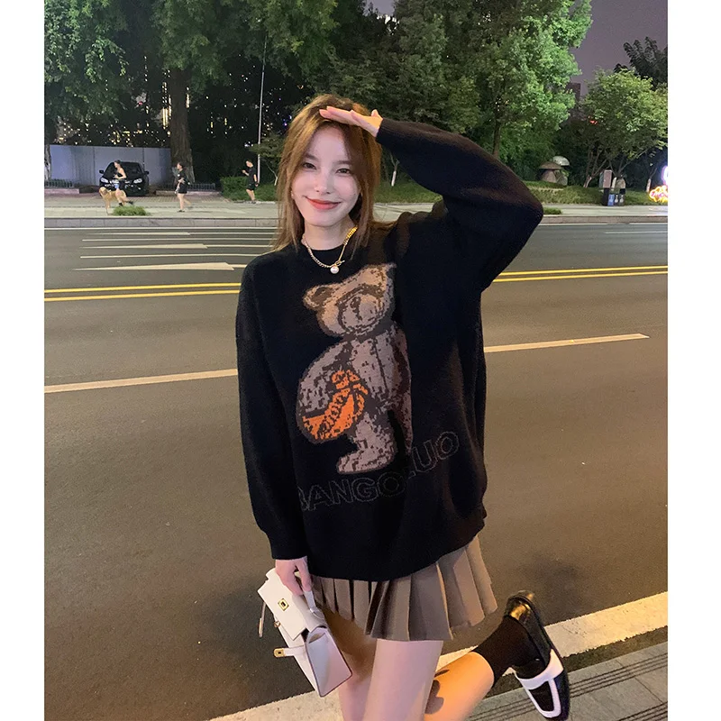 

Bear Cartoon Sweater 2021 Autumn And Winter New Korean Version Of The Long-Sleeved Commuter Loose Knit Sweater Pullover Women