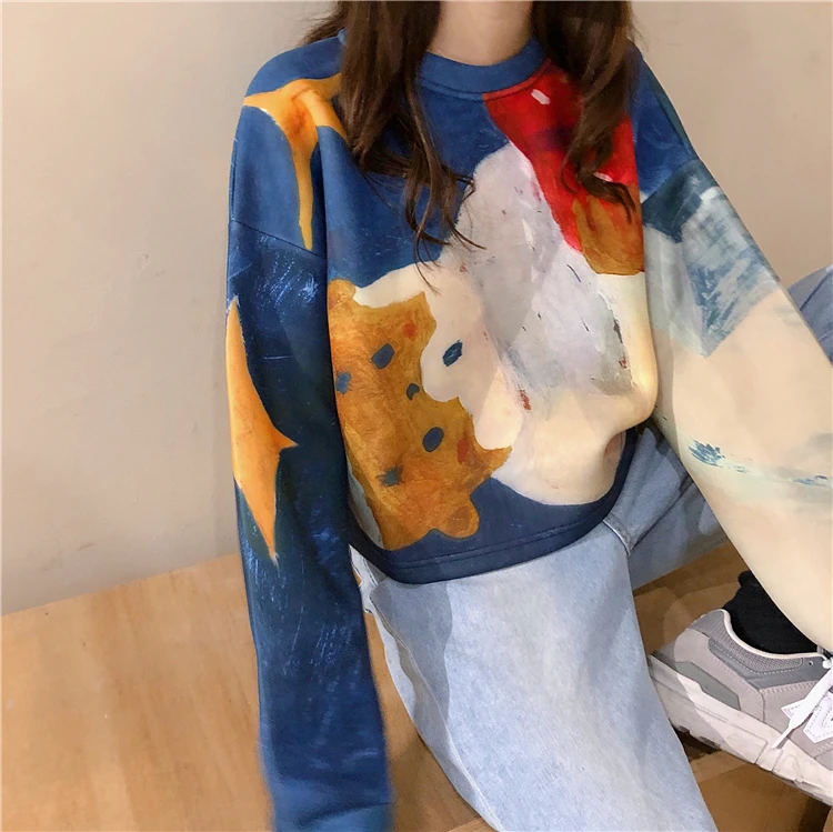 

ins Hipster fashion brand casual hoodies women chic loose crop top Graffiti print Korean Sweatshirts autumn pullovers new