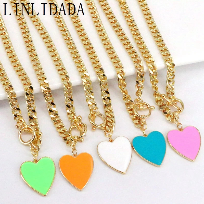 

5Pcs Fashion Gold Curb Link Chain Enamel Heart Pendant Necklace For Women OT Buckle Toggle Choker Femme Jewelry Valentine's Day