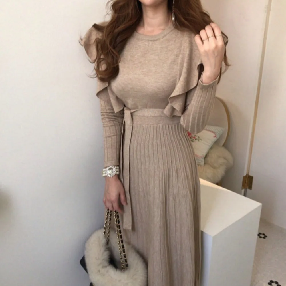 

2021 One Piece Dress Women New Winter Vintage Elegant Female Thicken Knit Long Dresses Slim Full Sleeve Ruffles Sweater Vestidos