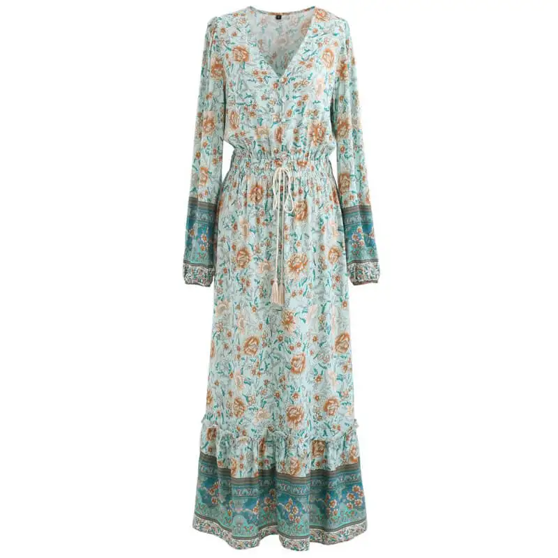 

Buttoned Boho Floral Drawstring Waist Maxi Dress Women 2021 Autumn Spring Elegant Ladies Casual Tassel Long Sleeve Dresses Robe