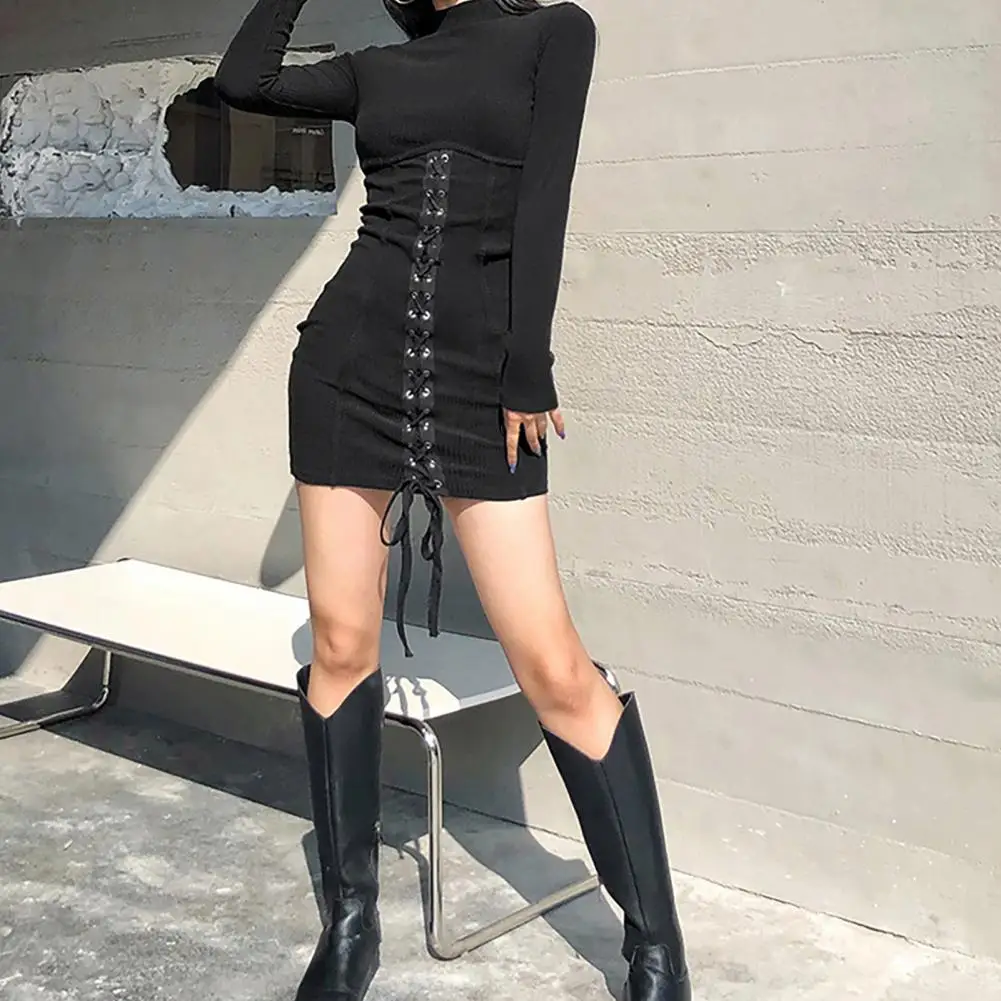 SANWOOD Cross Lace Up Mini Dresses Knitted Long Sleeve Short Dress Corset Women Korean Style Bodycon Women Fashion Streetwear