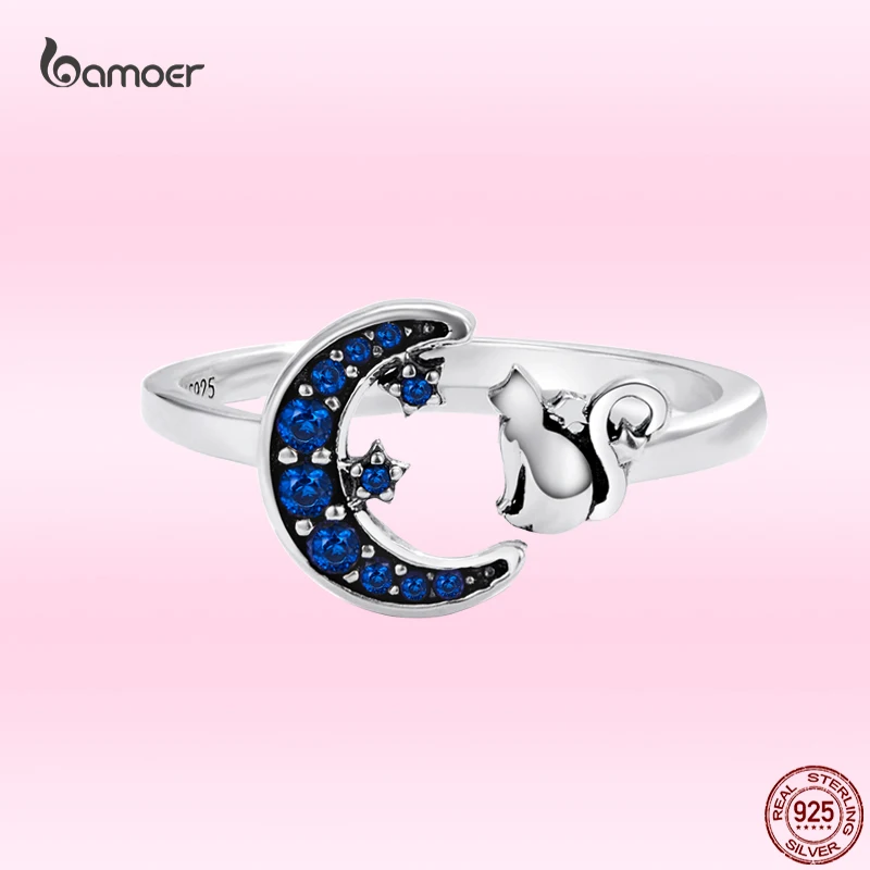 

Bamoer Blue Moon Fashion Ring Genuine 925 Sterling Silver Cute Cat Animal Open Adjustable Ring for Women Elegant Party Jewelry