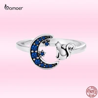 bamoer blue moon fashion ring genuine 925 sterling silver cute cat animal open adjustable ring for women elegant party jewelry