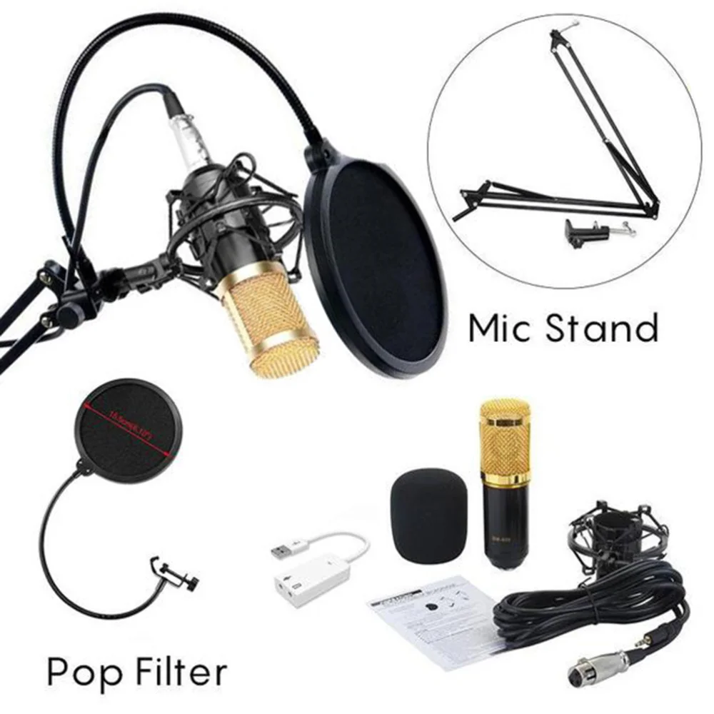 

BM-800 Professional Studio Broadcasting Recording Condenser Microphone with Mental Shock Mount Phone Stand Filter and Sound (Bla