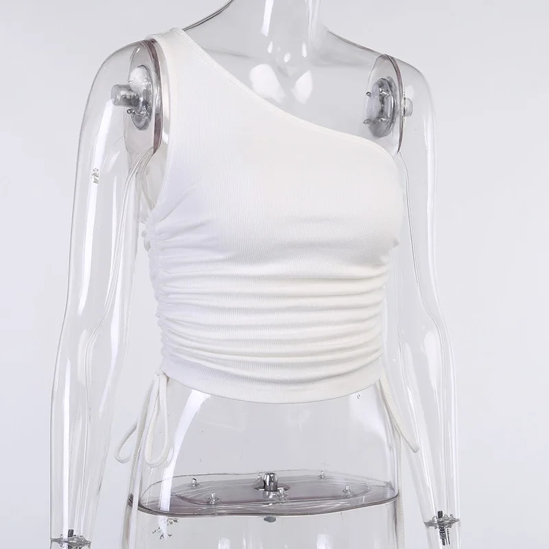 

Sexy One-shoulder T-shirt Women 2020 Summer New Solid Color Slim Top Women's Halter Side Drawstring Vest Knitted T-shirt Lady