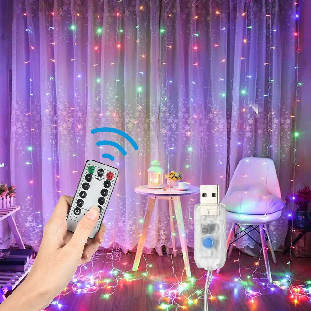 

3x3m 300LED Fairy Lights Garland Curtain Lamp Remote Control USB String Lights For Home Window Decorations New Year 2021