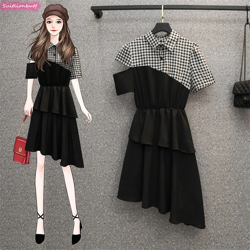 

Клетчатая одежда со вставками, одежда для детей размера плюс, детское платье с отворотом, с открытыми плечами, с короткими рукавами, свободн...