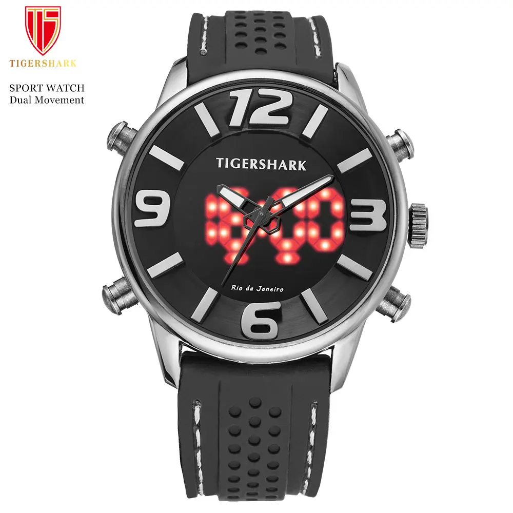 

Часы наручные TIGERSHARK Мужские кварцевые, брендовые модные светодиодные цифровые, с резиновым ремешком, водонепроницаемость 30 м