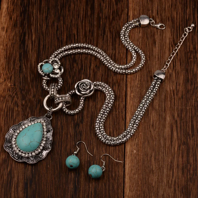 

Bohemian Necklace Earrings For Women Jewelry Sets Blue Stone Water Drop Flower Vintage Pendant Bohe Jewery
