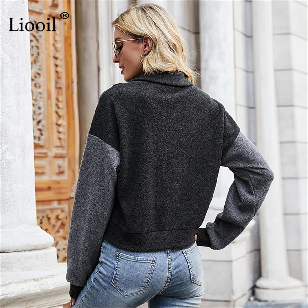 

Liooil Patchwork Polar Fleece Coat Zipper Up Turn Collar For Women Black And Gray Color Block Casual Streetwear Autumn Winter