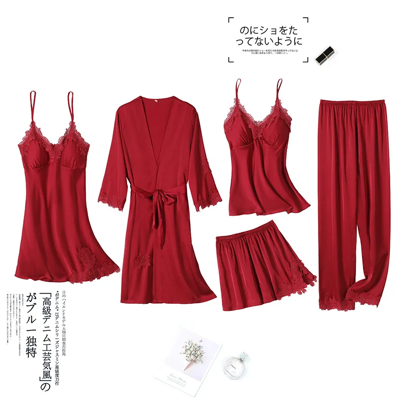 

Rayon 5PCS Lace Flower Trim Women Robe Sets Sexy Bride Dressing Gown Kimono Sling Nightgown Pajamas Suit Home Wear Sleepwear