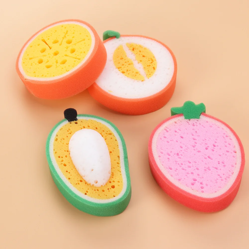 Esponja de limpieza de ducha de dibujos animados creativos, esponja de ba&ntilde;o de frutas de ducha de algod&oacute;n para ni&ntilde;os, (Kiwi, fresa, naranja y Mango), 4 Uds.-0