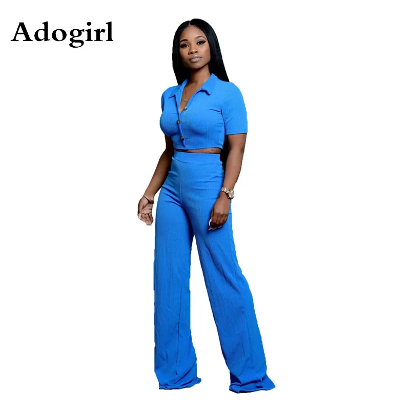 

Adogirl Woman Ribbed Knitted 2 Picece Suit Turn-down Collar Button Up Short Sweater Top & Straight Pants Casual Tracksuit