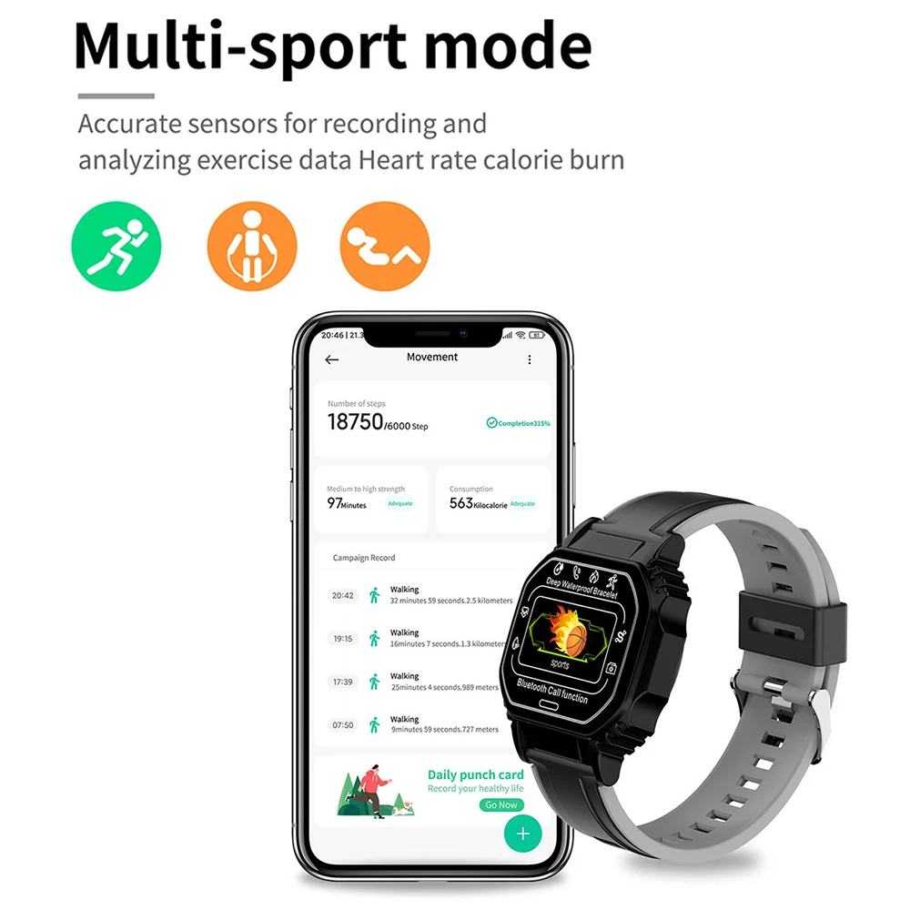 Водонепроницаемые умные часы с фитнес-трекером пульсометром сенсорным экраном
