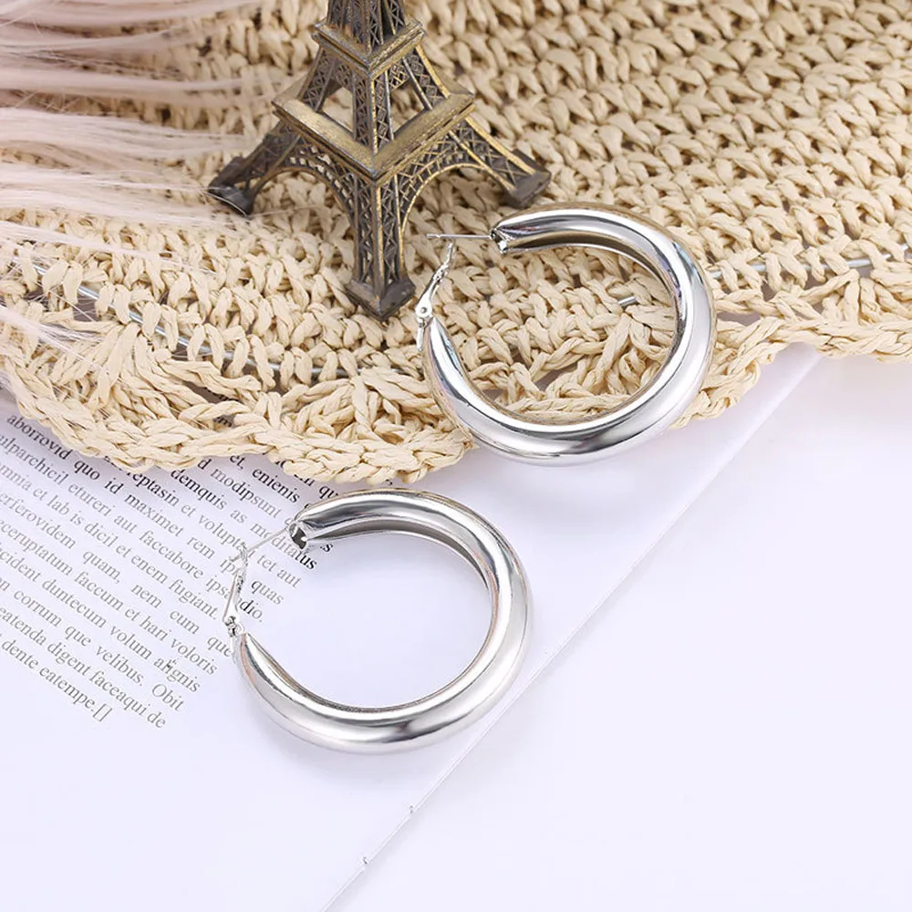 Punk Rock Earrings For Girls Minimalist 50mm Women Earring Thick Tube Big Gold Alloy Bijoux Round Circle Hoop Oorbellen | Украшения и
