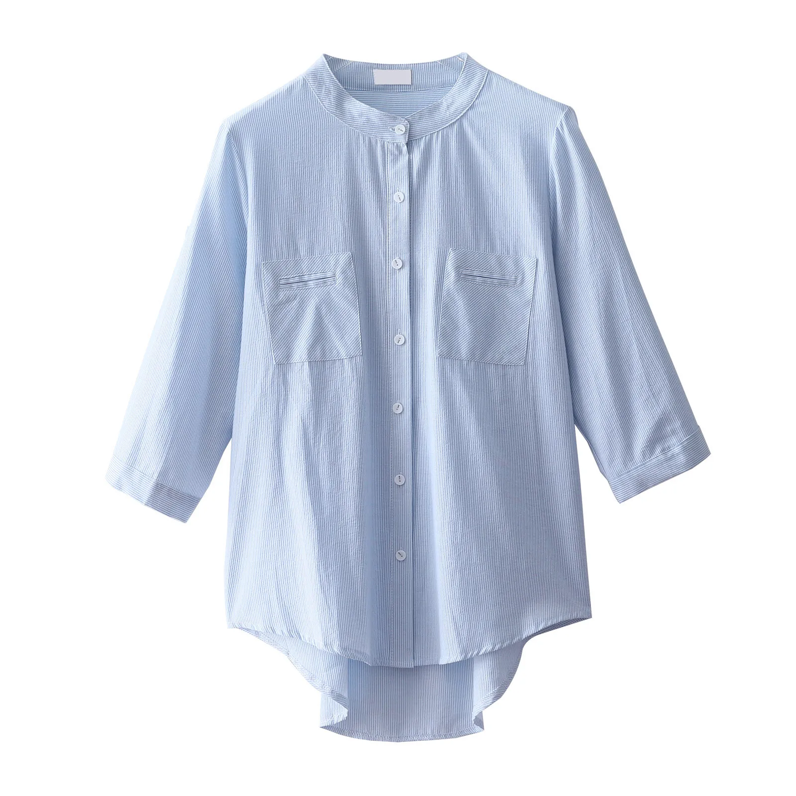 

Bornsra 2020 Summer Small Five Pocket Design Shirt Regular Striped Pockets Knitted Casual Women Blue Blouse and Tops Female