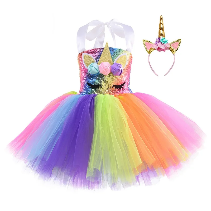 Dress and Headband Радужное платье-пачка с блестками и единорогом для девочек; комплект одежды для дня рождения; Детский карнавальный костюм на Хэллоуин; костюм единорога - Цвет: Dress and Headband