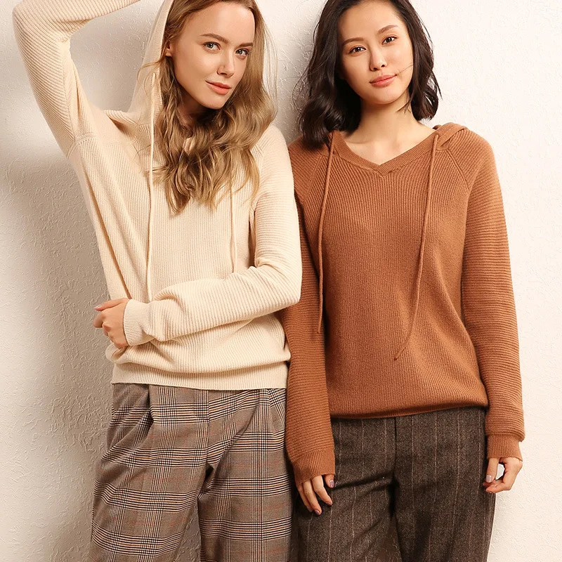 Simple European American Autumn Winter Pink New Hooded Solid Cashmere Sweater for Women Burgundy High Street Pullovers | Женская одежда