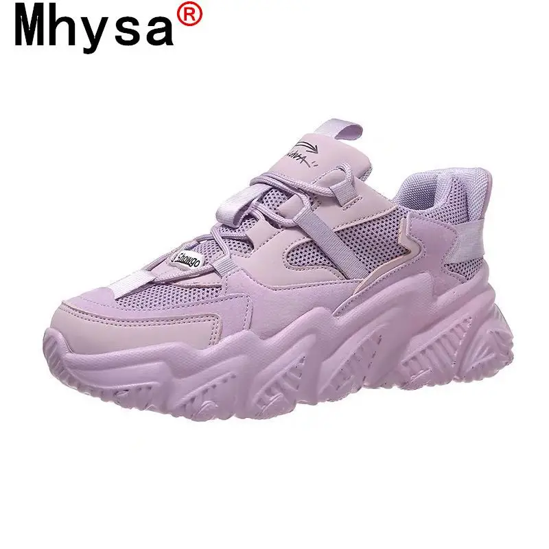 

2021 Spring Women Chunky Sneakers Fashion Solid Color Platform Shoes Lace Up Breathable Mesh Vulcanize Shoes Women Casual Shoes