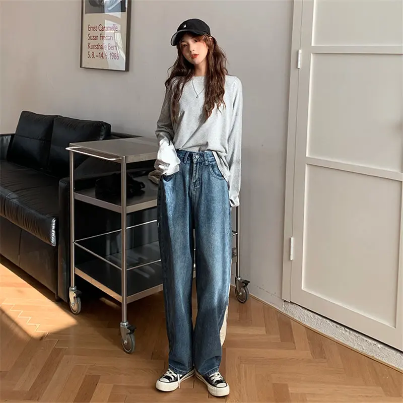 

HziriP High Waist 2021 Denim Pants Loose Streetwear Korea Women Fashion Autumn Wild New Blue Woman Casual Straight Trousers