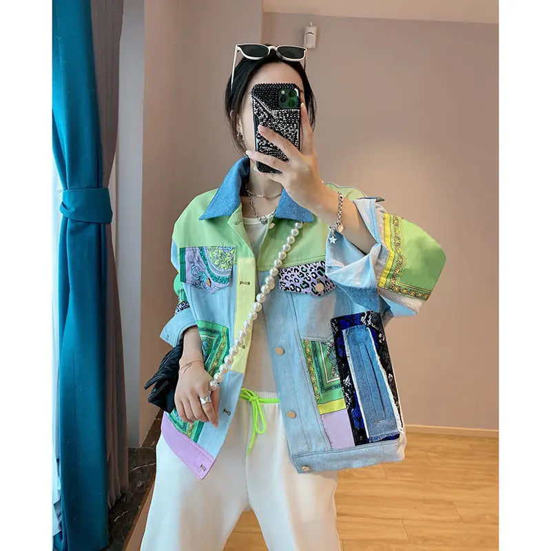 Куртка женская джинсовая в стиле пэчворк Короткая Повседневная Верхняя одежда