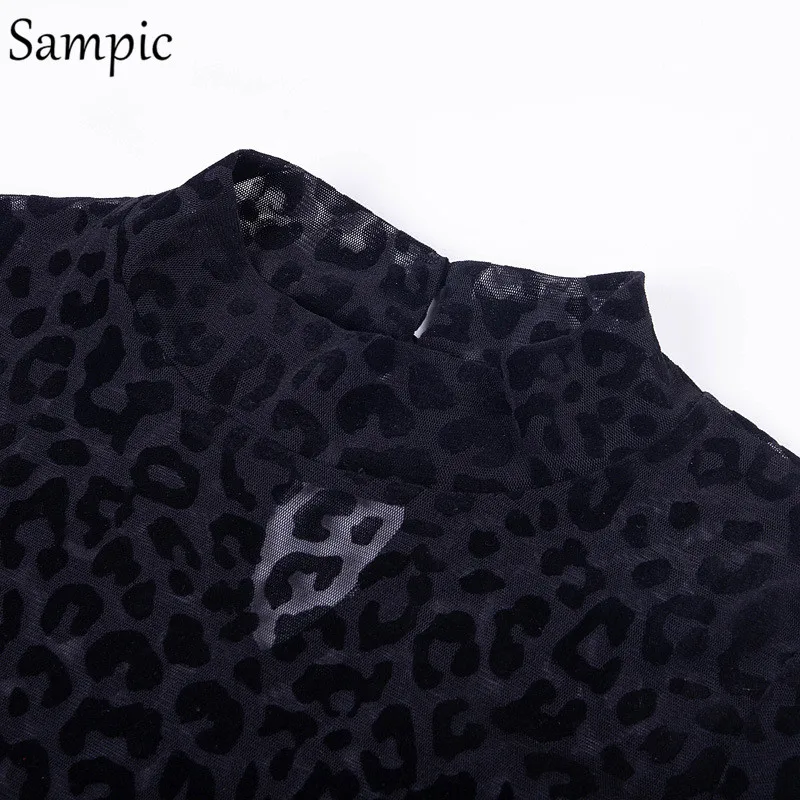 

Sampic Sexy Leopard Bodysuit Women Autumn Transparent Mesh Bodysuit Long Sleeve Black Hollow Out Turtleneck Romper Bodysuits