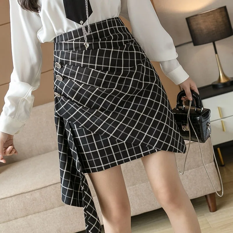 

Plaid Mini Skirts Women Elegant High Waist Irregular Skirts Female Office Lady High Street Chic Korean Bottom Ladies Skirts 2021