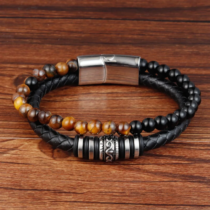 Натуральный камень тигровый глаз кожаный браслет шарик двухрядный мужской