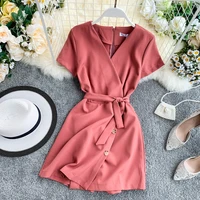 fmfssom new edition cultivate morality short sleeve suit collar tall waist conjoined shorts show thin wide legged pants