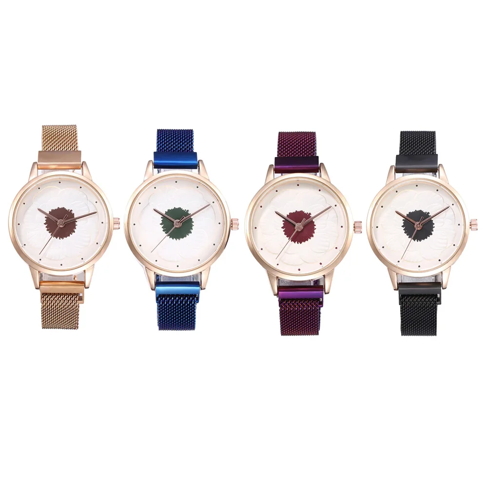 

Elegant Women Quartz Watch 3D Flower Round Dial Wrist Watch with Magnet Buckle for Business Travel Portable Durable Wrist Watch