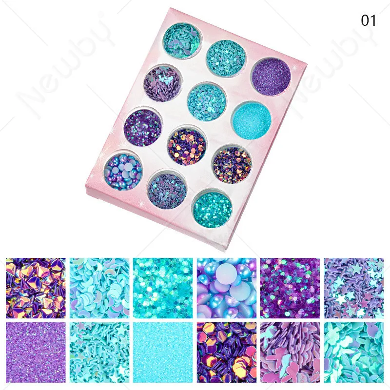 

12Pcs Multiple Designs Nail Art Laser Dot Foil Sequins Set Mermaid Style French Round Ultra Thin Paillette Decor Palette Slice