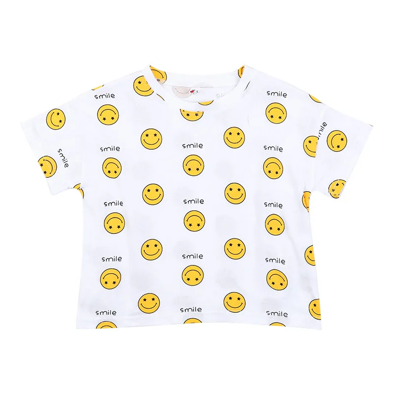 

T-shirt short-sleeved Boys And Girls Smiley Print 2021 Summer New children's Clothing Baby Casual Bottoming Shirt Kids