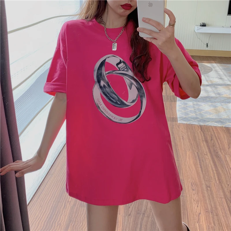 

Середины Длина Топ для женщин Свободные Пара Кольца Печатный дизайн с коротким рукавом Футболка Ins/модный свитер