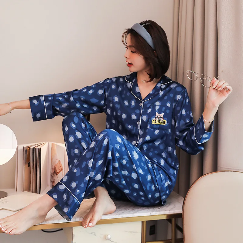 

Female Silk Printed Satin Homewear Long Sleeve Trousers Pajamas Button-Down Sleepwear Loungewear Women's Set Pyjamas Mujer