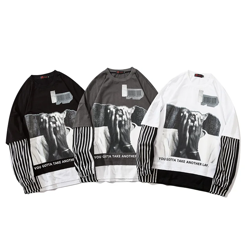 

Hip Hop Pullover Sweatshirts Men Spoof Print Fake Two Piece Patchwork Sweatshirts Pullover Loose Spring Autumn Hoodies Mens Tops