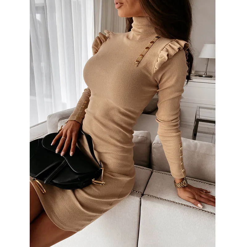 

New Turtleneck Beading Dresses Autumn Winter Elegant Women Dress Mini Party Ruffles Plus Size Office Lady Bodycon Dress G2155