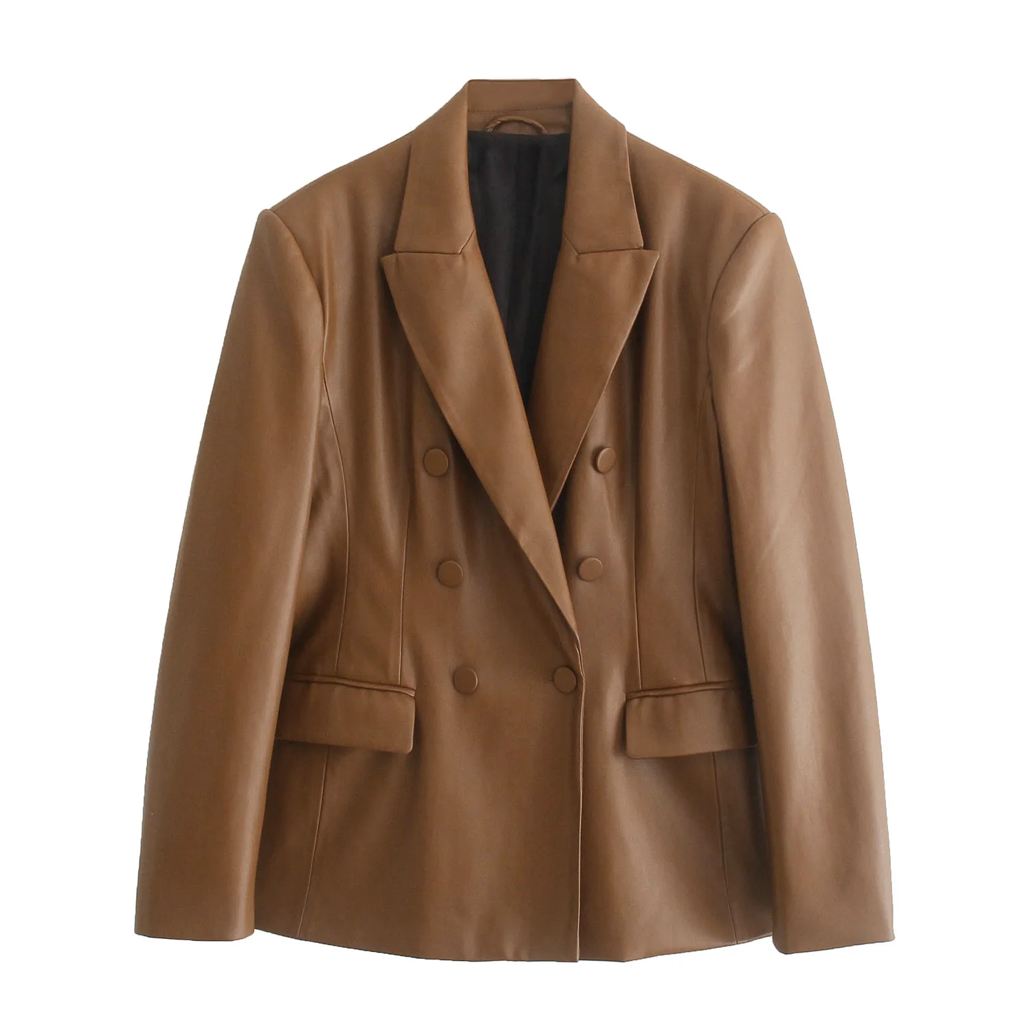 

ZA Women Pu Autumn Winter Brown Faux Leather Chic Lady Casual Fashion Blazer Jacket Female Notched Collar Double Breasted Top