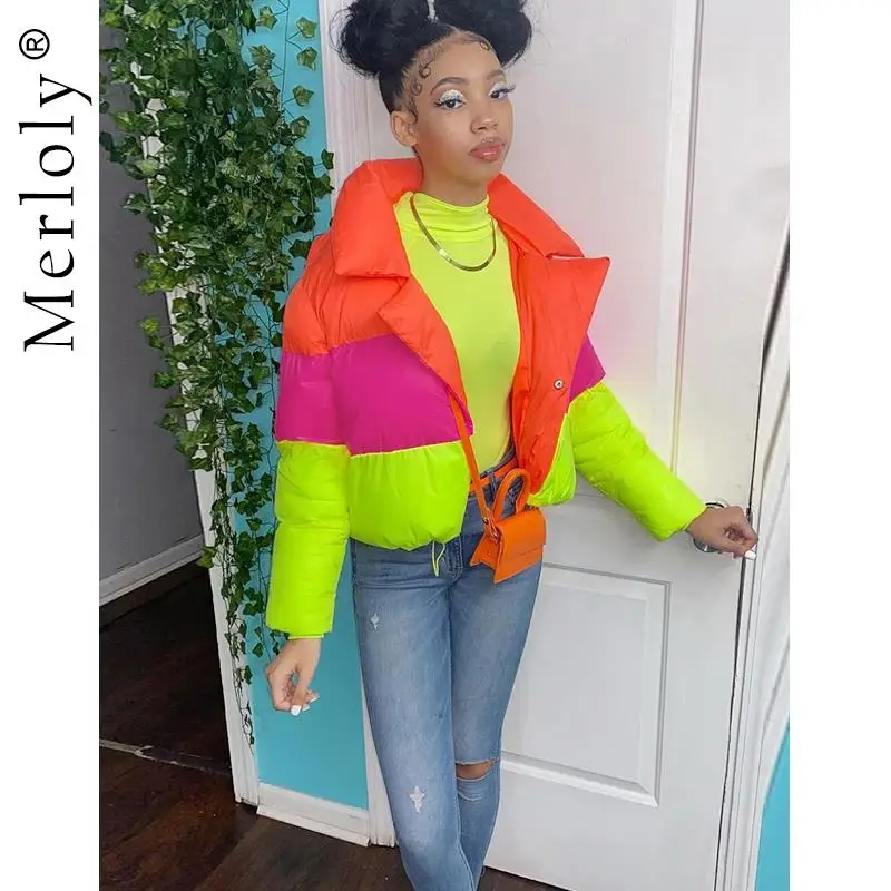 

Женские короткие парки контрастных цветов в стиле пэчворк, куртка на молнии, повседневные пальто с хлопковой подкладкой, Зимние Теплые Топы...