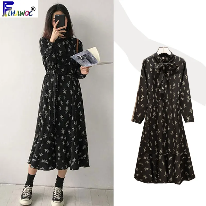 Красивые длинные платья женское модное платье-рубашка с длинным рукавом и бантом